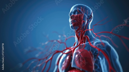 Detailed render of human circulatory system highlighting heart and major blood vessels with emphasis on arteries and veins where clots might form photo