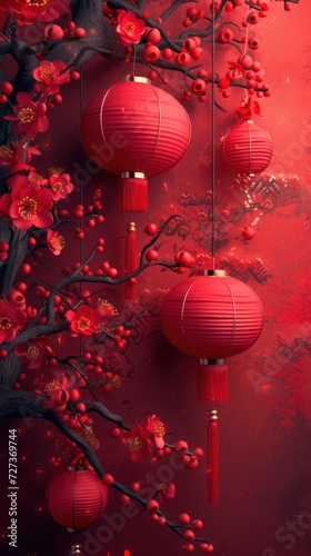 Wallpaper background for Chinese New Year featuring traditional oriental ornaments, vibrant lanterns, and rich red colors.