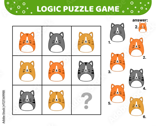 Logic puzzle game with cats. Squishmallow. For kids. Cartoon, kawaii, vector
