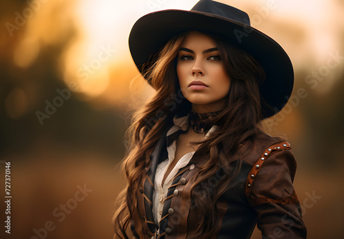 Portrait of a woman in the wild west in a cowboy outfit © toomi123