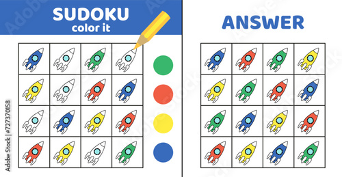Sudoku with space rocket. Coloring sudoku with rocket. Cartoon