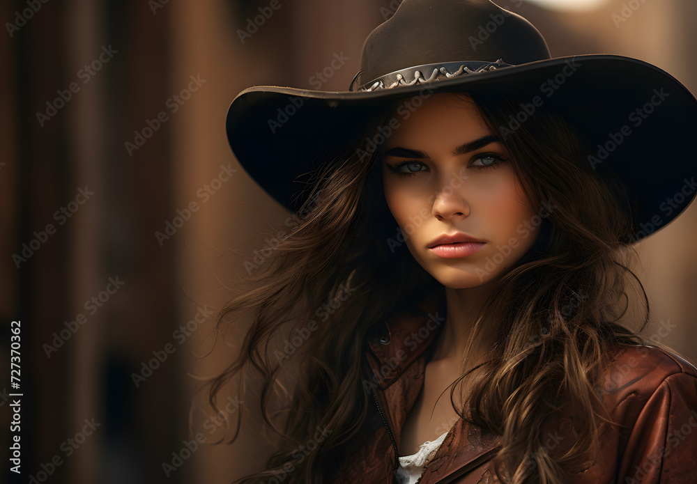 Portrait of a woman in the wild west in a cowboy outfit Portrait of a woman in the wild west in a cowboy outfit