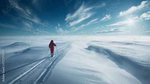 Adventurous cross country skier enjoying a serene winter journey through a beautiful trail on the plains