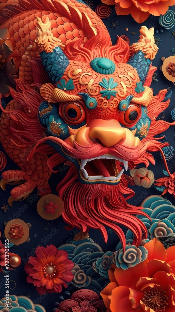 Traditional Chinese-themed backdrop featuring dragon, oriental ornaments, lively lanterns, and a palette of rich red hues.
