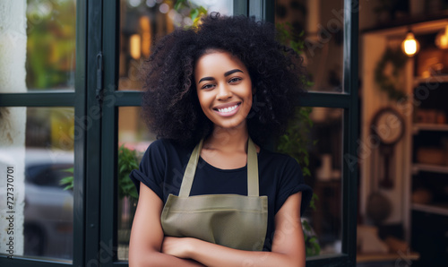 Portrait of young African-American curly woman small business owner of coffee shop standing at entrance wearing khaki apron and black shirt photo