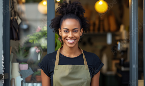 Portrait of young African-American curly woman small business owner of coffee shop standing at entrance wearing khaki apron and black shirt © anatoliycherkas