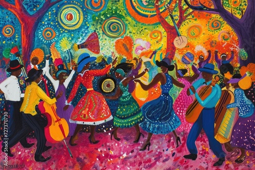 This painting depicts a lively scene of multiple individuals engaged in various dance movements, A colorful carnival parade with dancers and musicians, AI Generated