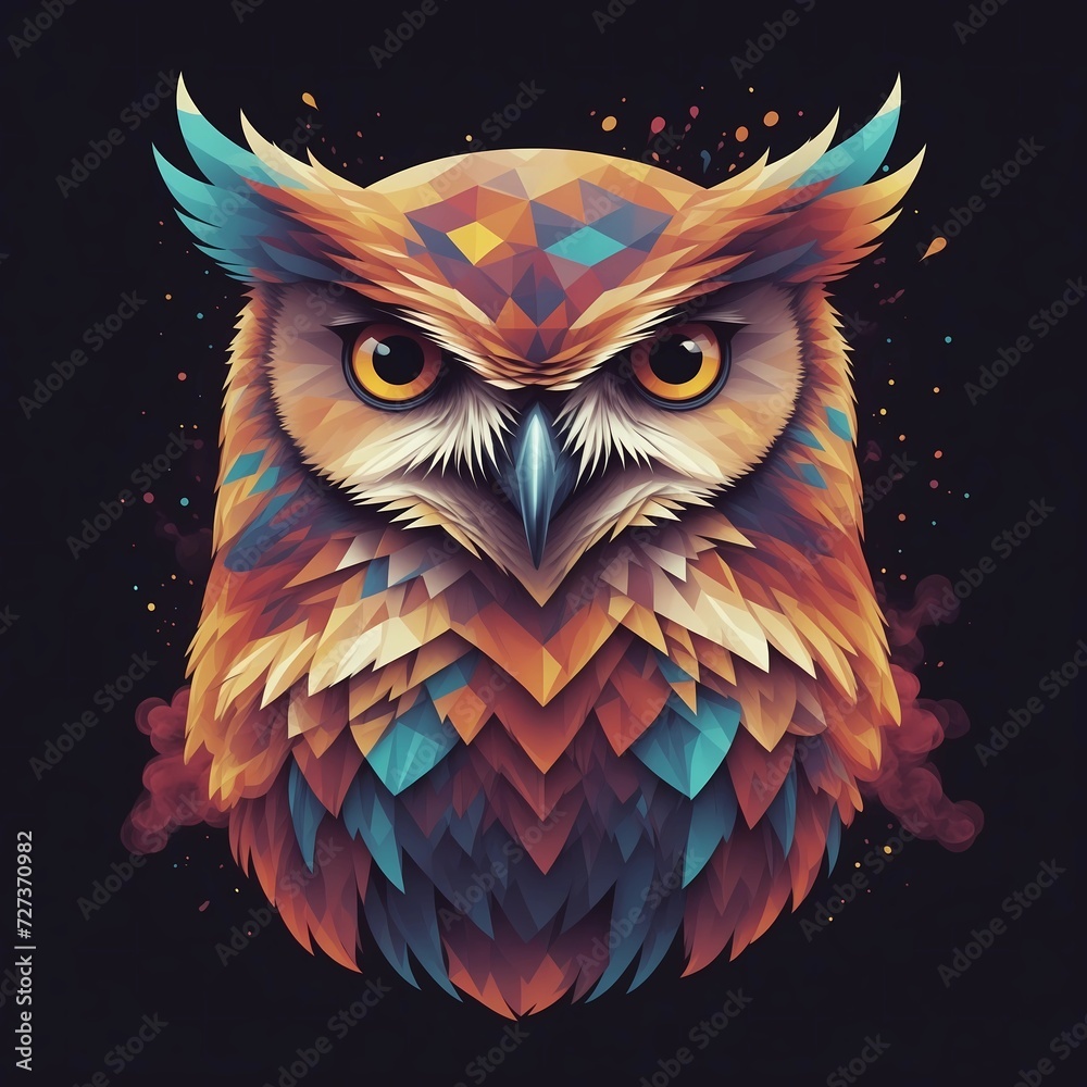 Geometric abstract face of owl in 8k, isolated on black, T-shirt design, birthday card design