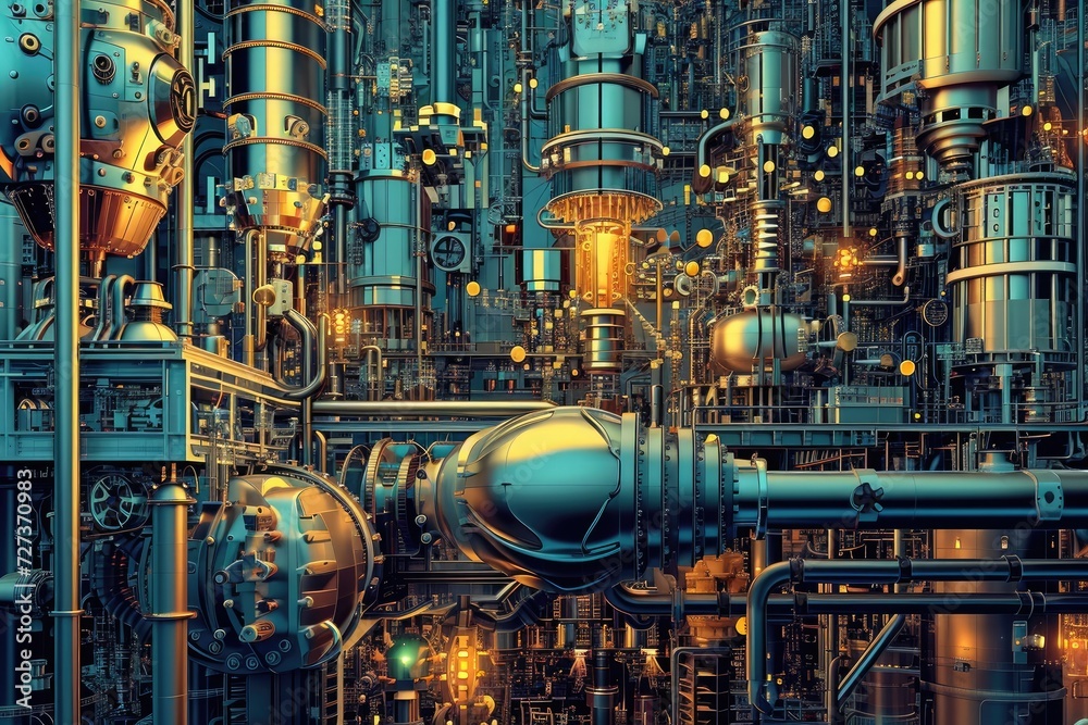 This photo showcases a massive industrial complex featuring an intricate network of pipes and valves, A complex illustration of molecular machines at work, AI Generated