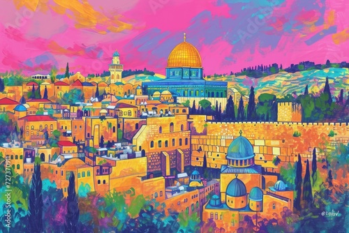 This photo features a painting depicting a city with a prominent dome architecture, A colorful sketch of Jerusalem during the Hanukkah festival, AI Generated