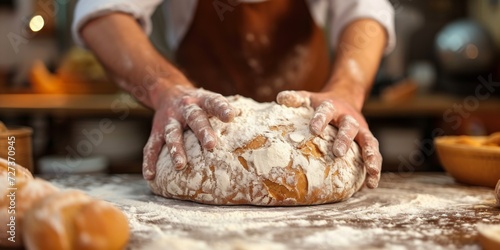 A Baker Kneads Dough At A Table, Masterfully Creating Fresh Bread. Сoncept Bread-Making Process, Artisan Baking, Culinary Craftsmanship, Dough Kneading, Freshly Baked Bread
