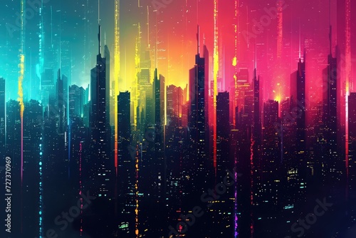 This photo captures a bustling cityscape filled with vibrant colors and numerous intersecting lines, A colourful city skyline composed of server towers, AI Generated