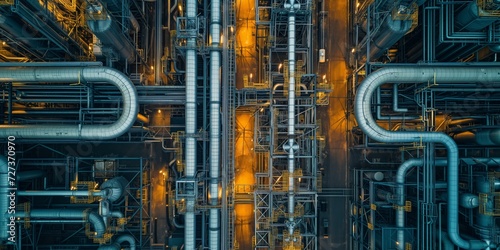 A Birdseye View Of Chemical Plant Pipes Symbolizing Air Pollution And Industrial Waste. Сoncept Industrial Pollution, Environmental Impact, Chemical Plant Exhaust, Air Quality