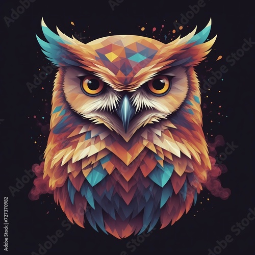 Geometric abstract face of owl in 8k, isolated on black, T-shirt design, birthday card design