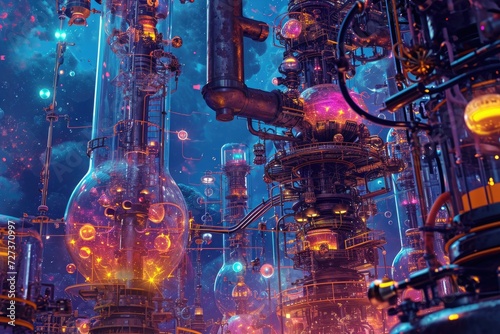 A Futuristic City With an Array of Pipes and Brilliant Lights  A complex illustration of molecular machines at work  AI Generated