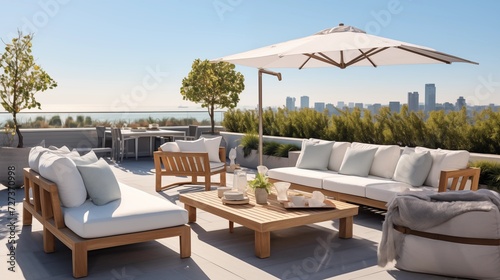 Opt for modular and weather-resistant furniture, such as sectional sofas, lounge chairs, and a dining set, maximizing comfort and versatility in the rooftop oasisar © Salman