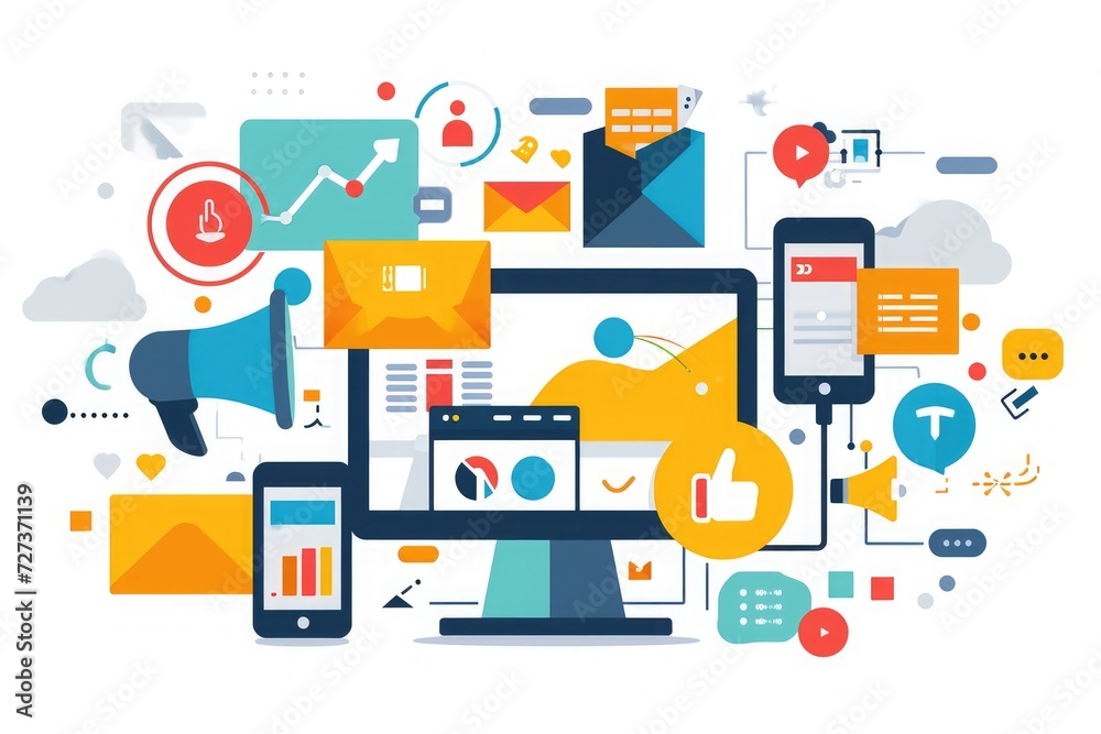 A computer screen sits among a collection of various devices, creating a busy and functional workspace, A concept of digital marketing strategy showing various platforms and channels, AI Generated A computer screen sits among a collection of various devices, creating a busy and functional workspace, A concept of digital marketing strategy showing various platforms and channels, AI Generated