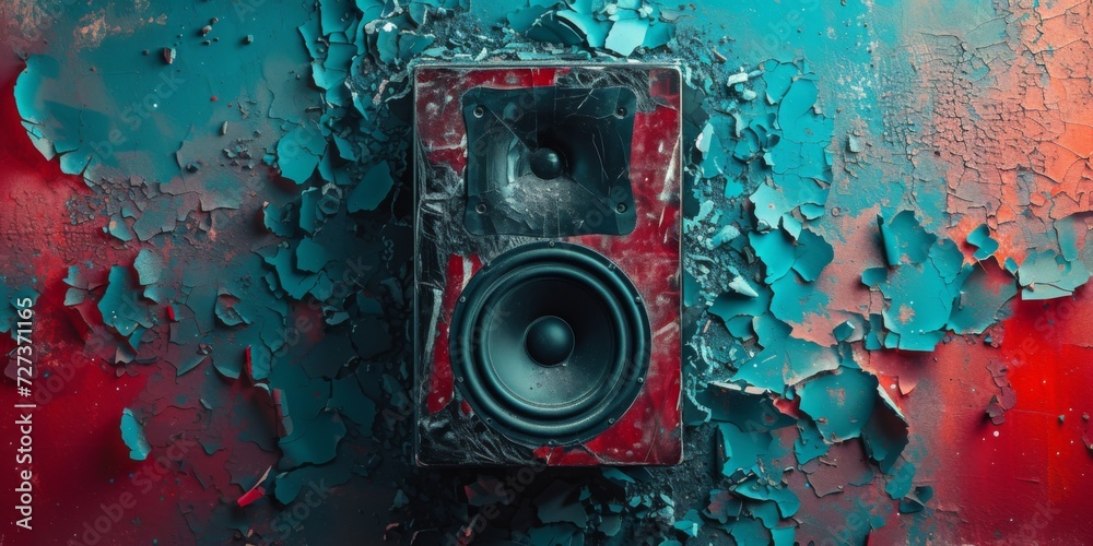 A Damaged Speaker Reveals Its Battle Scars Amidst Vibrant Computer Graphics. Сoncept Battle-Worn Speaker, Vibrant Graphics, Tech Fusion, Damage With Style, Audiovisual Art