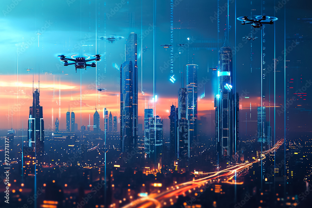 futuristic cityscape with flying cars and neon lights