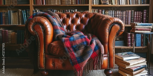 A Comfortable Leather Armchair With A Plaid Blanket And Books Nearby. Сoncept Cozy Reading Nook, Relaxing Armchair, Plaid Blanket Bliss, Book Lovers' Haven