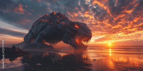 A Dramatic Sunset Illuminates A Monstrous Creature Lurking By The Beach. Сoncept Dramatic Sunset, Monstrous Creature, Beach, Illumination, Lurking photo