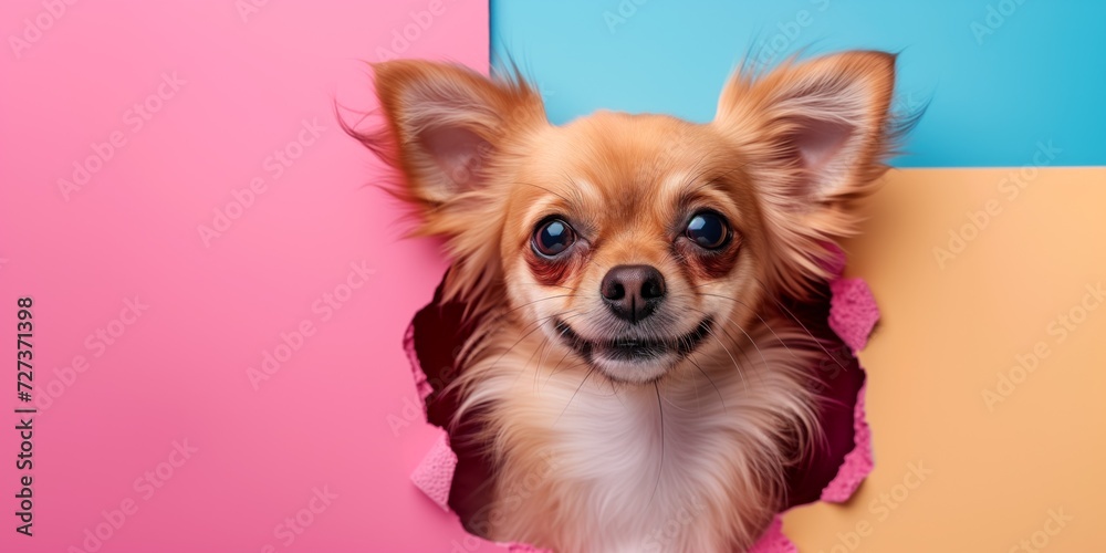 A Playful Chihuahua Emerges From A Colorful Hole On A Cheerful Pink Backdrop. Сoncept Pets With Personality, Whimsical Pet Portraits, Colorful Fun With Chihuahuas, Creative Pet Photography