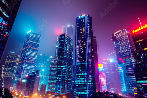 modern city skyline at night, illuminated by the colorful lights of skyscraper