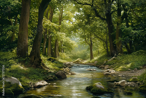 nature-inspired wallpaper featuring a serene forest scene with trees and a flowing river