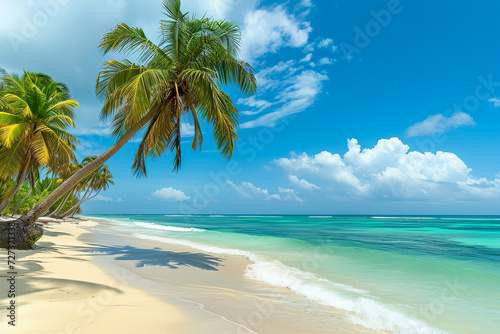 peaceful beach view with turquoise water and palm trees swaying in the wind