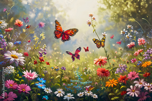 peaceful garden filled with blooming flowers and fluttering butterflies photo