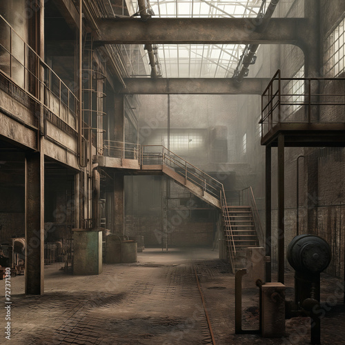 Dimly lit industrial hall with stairs, walkways, and obscured sunlight filtering through dust