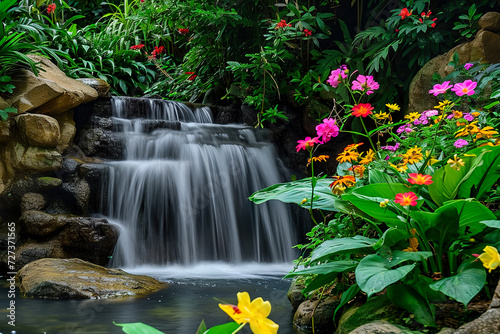tranquil waterfall surrounded by lush greenery and colorful wildflowers