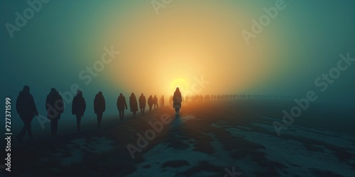 A Surreal Image Of Individuals In A Neverending Line Near A Fictional Border. Сoncept Surreal Border Crossing, Endless Line Of Individuals, Fictional Border, Surreal Photography, Abstract Imagery