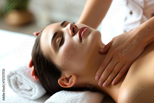 woman getting a massage  with a therapist working on her neck and shoulders