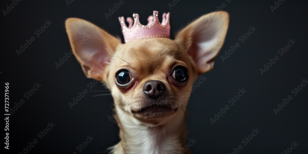 Adorable Chihuahua Pup Dons A Pink Crown Against A Sleek Black Backdrop. Сoncept Pet Photography, Crowned Chihuahua, Black Backdrop, Adorable Portraits, Cute Pup
