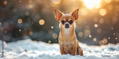 Adorable Chihuahua Poses In Snowy Backdrop, Creating A Perfect Winterthemed Image. Сoncept Winter Wonderland Pet Photoshoot, Charming Chihuahua Portraits, Snowy Paws And Playful Poses
