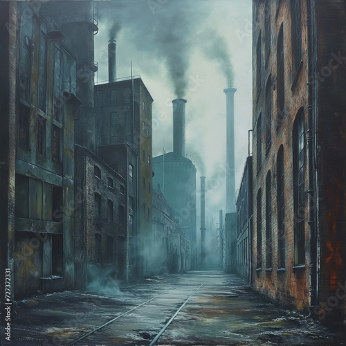 Atmospheric industrial alley with smokestacks, mist, and moody blue tones