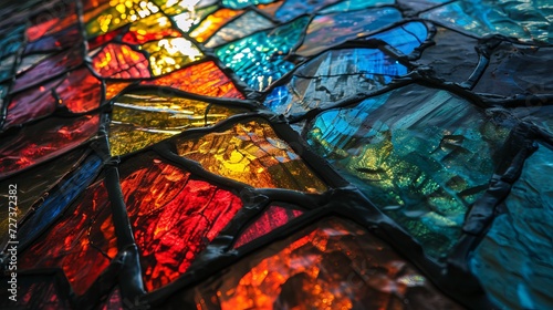 Vibrant Colored Stained Glass Texture with Intricate Patterns Illuminated by Light