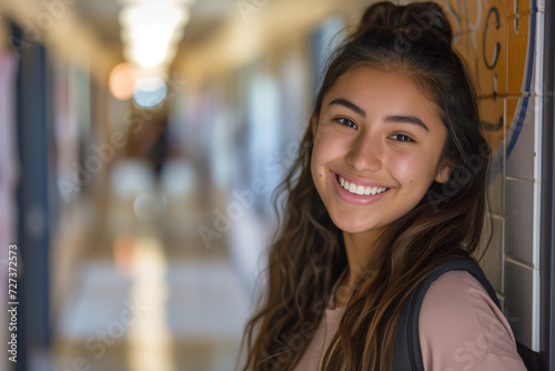 A joyful teenage girl with a bright smile and wavy hair leans against a locker in a bustling school corridor, embodying a cheerful school day.