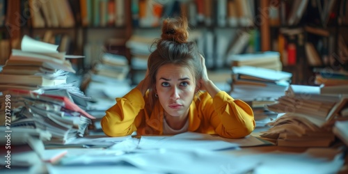 Busy Woman Overwhelmed By Paperwork In Cluttered Office, Drowning In Responsibilities. Сoncept Stress Management, Organizational Skills, Work-Life Balance, Time Management, Productivity Hacks