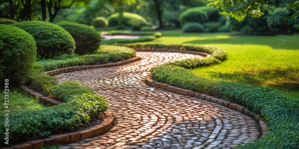 Curved Path Made Of Bricks Leading Through Picturesque Garden Landscape. Сoncept Romantic Garden Walkway, Brick Path In Floral Haven, Serene Landscape Retreat, Curved Garden Pathway