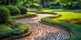 Curved Path Made Of Bricks Leading Through Picturesque Garden Landscape. Сoncept Romantic Garden Walkway, Brick Path In Floral Haven, Serene Landscape Retreat, Curved Garden Pathway