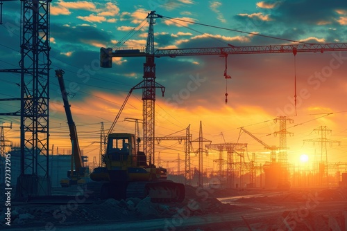 Sun Setting Behind Construction Site, A construction site with electrified construction equipment to reduce emissions, AI Generated