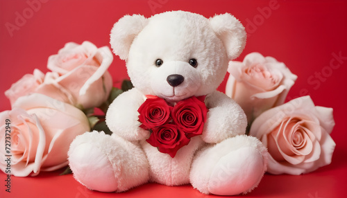 white teddy bear and roses