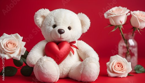 white teddy bear with rose, heart, red background