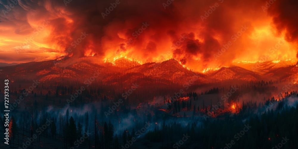 Devastating Wildfire Engulfs The Landscape, A Fearful Force Of Nature Unleashed. Сoncept Crisis In Afghanistan, Climate Change, Food Insecurity, Mental Health Awareness, Artificial Intelligence