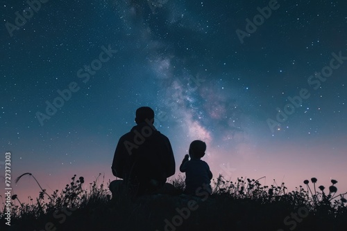 A couple of individuals sitting on the peak of a hill, enjoying the view beneath a starry night sky, A dad and his son camping under the starlit sky, AI Generated