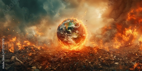 Emergency  Earth Consumed By Flames On Massive Garbage Heap - Urgent Pollution Alert.   oncept Climate Change Crisis  Environmental Catastrophe  Urgent Action Needed  Pollution Awareness