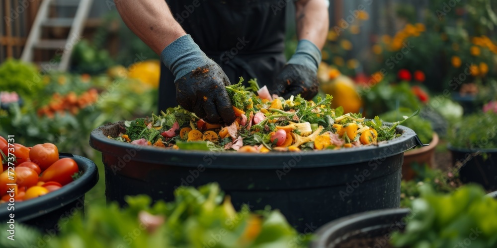 Transforming Food Waste Into Nourishing Compost: A Gardening Enthusiast's Backyard Composting Journey. Сoncept Urban Gardening, Sustainable Living, Composting Techniques, Food Waste Reduction