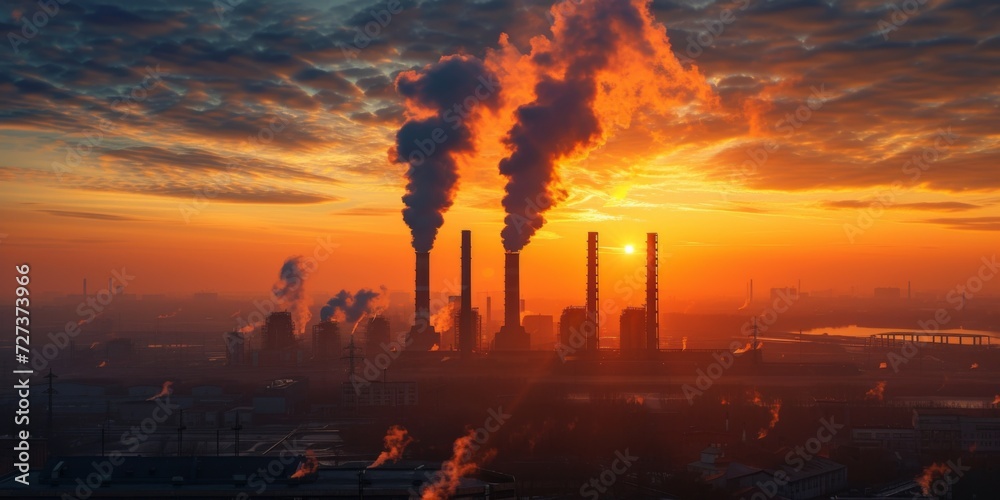 Depicting The Environmental And Societal Impact: An Industrial Scene With Smoking Factory Chimneys. Сoncept Sustainable Living, Climate Change Awareness, Pollution Prevention, Eco-Friendly Practices